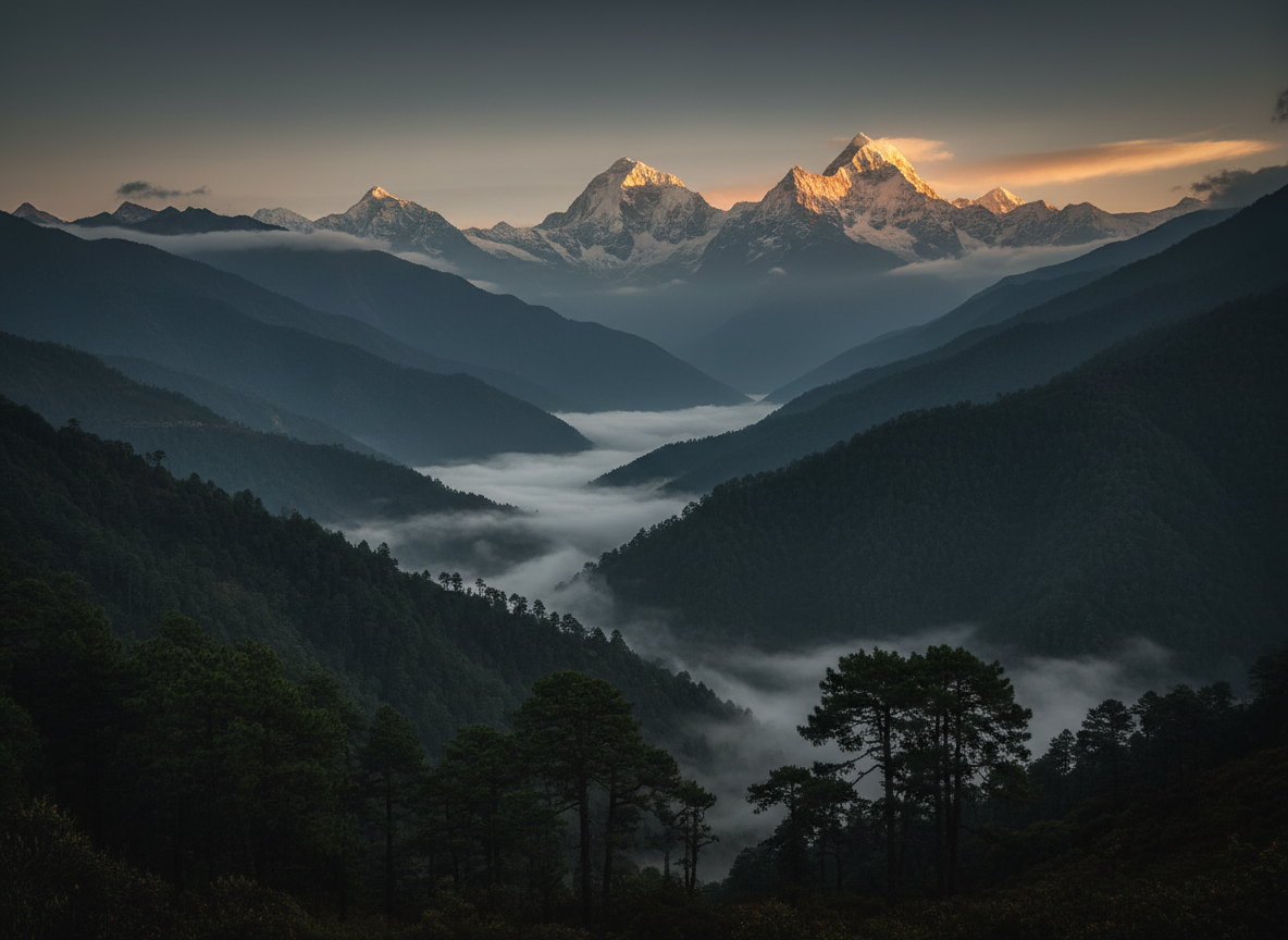Misty Himalayan peaks at dusk glowing with warm golden light over deep green valleys in Nepal